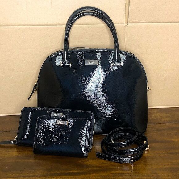 KATE SPADE Electric Black Bixby Place Dome Shaped Satchel and Two Wallets